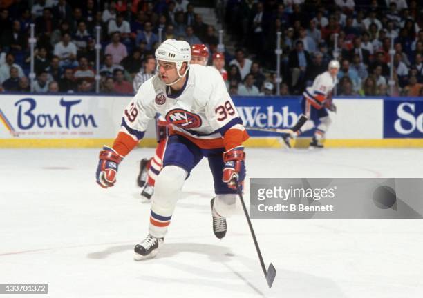 Travis Green of the New York Islanders skates on the ice during a 1993 Division Semi Finals game against the Washington Capitals in April, 1993 at...