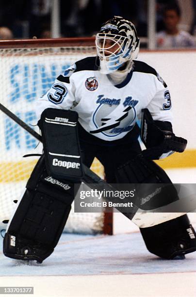 Goalie Manon Rheaume of the Tampa Bay Lightning defends the net during an NHL preseason game against the St. Louis Blues on September 23, 1992 at the...