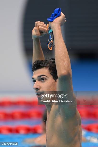 Simone Barlaam of Team Italy reacts after winning the gold medal in the Men's 50m Freestyle - S9 Final on day 5 of the Tokyo 2020 Paralympic Games at...