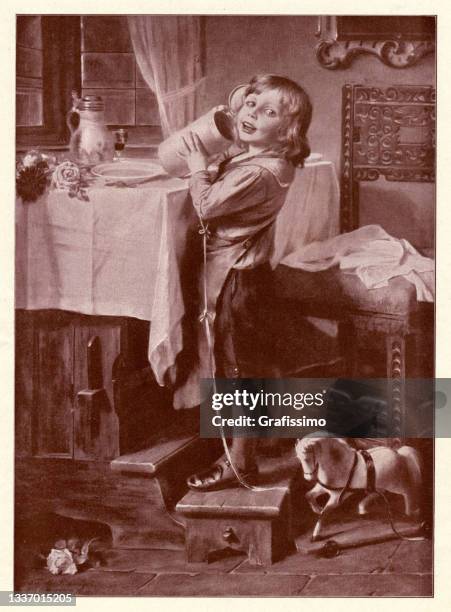 little boy drinking beer in munich germany - draft beer stock illustrations