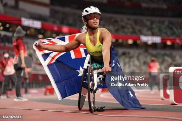 Madison De Rozario of Team Australia reacts after winning gold medal in Women's 800m - T53 Final on day 5 of the Tokyo 2020 Paralympic Games at...