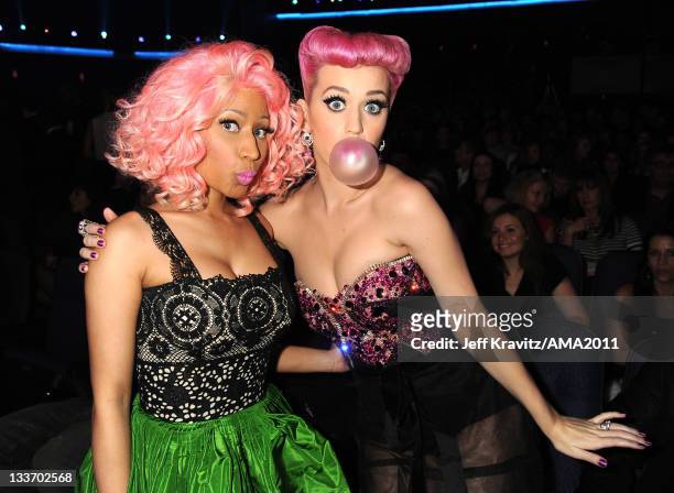 Nicki Minaj and Katy Perry in the audience at the 2011 American Music Awards at the Nokia Theatre L.A. LIVE on November 20, 2011 in Los Angeles,...