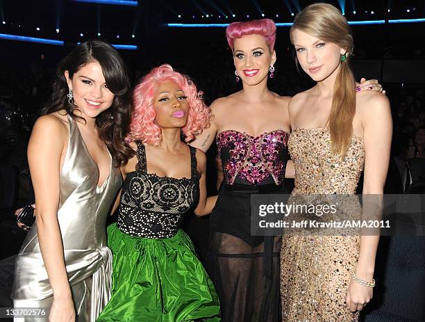 Selena Gomez, Nicki Minaj, Katy Perry and Taylor Swift in the audience at the 2011 American Music Awards at the Nokia Theatre L.A. LIVE on November...