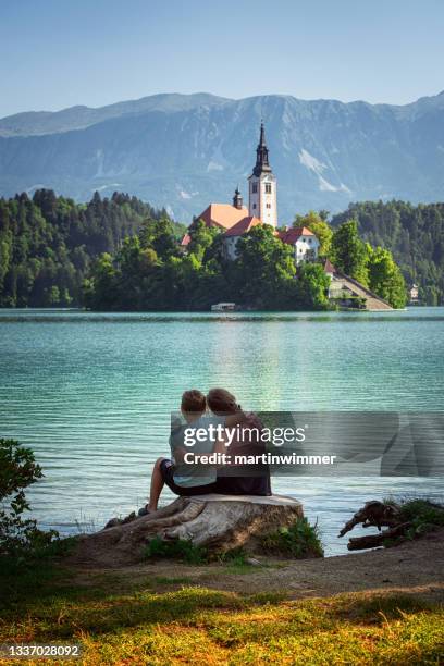 view over lake bled (blejsko jezero) - lake bled stock pictures, royalty-free photos & images