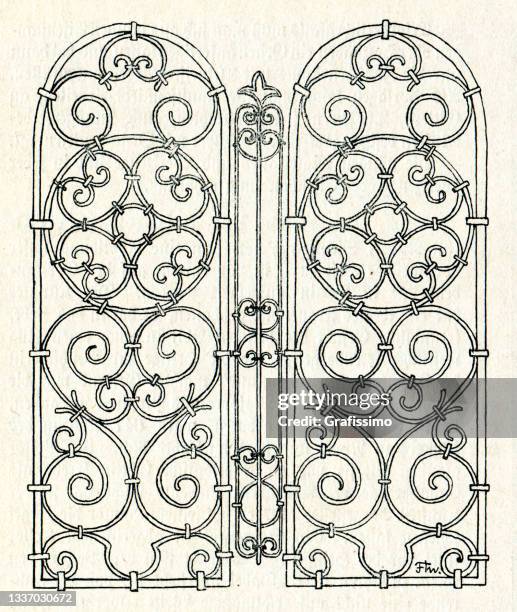 decoration ornate wrought iron fence design pattern 1897 - wrought iron patterns stock illustrations