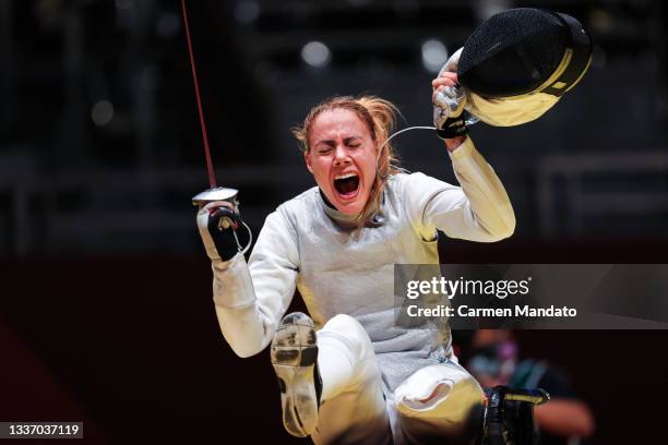 Eva Andrea Hajmasi of Team Hungary reacts following their win in the Women's Team Foil Bronze Medal Match on day 5 of the Tokyo 2020 Paralympic Games...