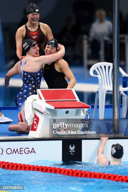 Morgan Stickney, Natalie Sims and Jessica Long of Team United States celebrate with Hannah Aspden of Team United States in the water after they...