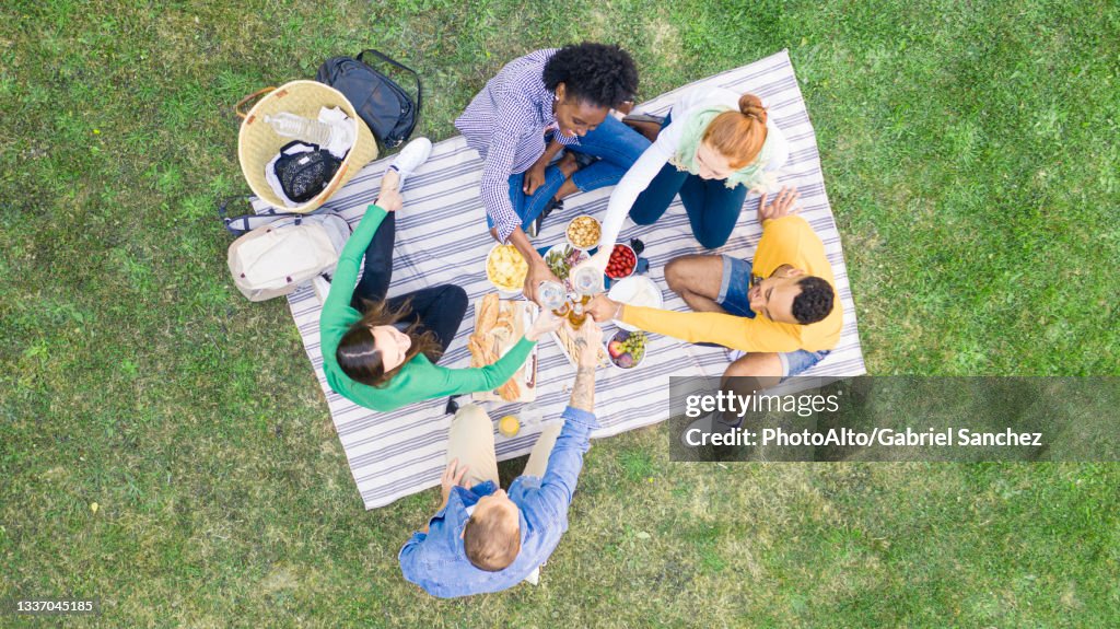 Happy young friends toasting beer bottles in garden