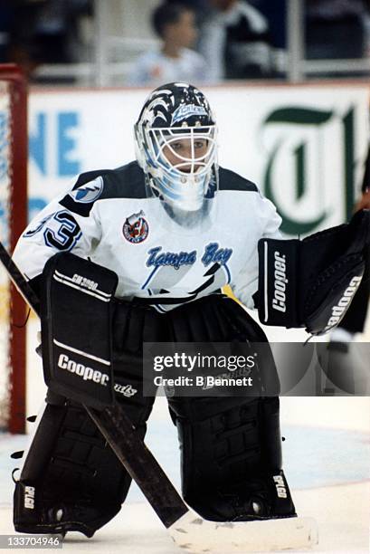 Goalie Manon Rheaume of the Tampa Bay Lightning defends the net during an NHL preseason game against the St. Louis Blues on September 23, 1992 at the...