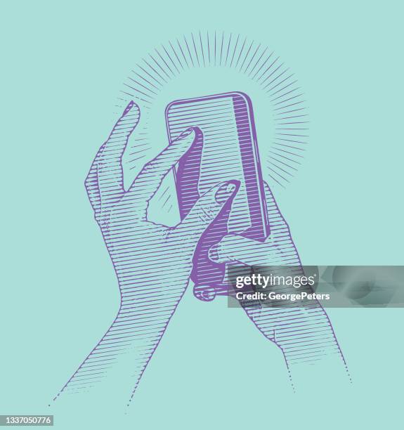 woman's hands using smart phone - scrolling instagram stock illustrations