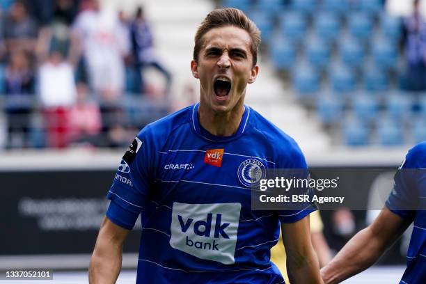 Julien De Sart of KAA Gent celebrate second KAA Gent goal of the afternoon during the Jupiler Pro League match between KAA Gent and Club Brugge at...