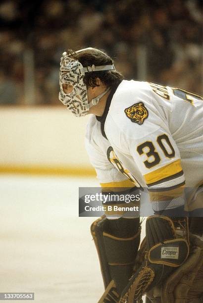 Goalie Gerry Cheevers of the Boston Bruins defends the net during an NHL game circa 1978 at the Boston Garden in Boston, Massachusetts.