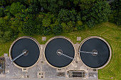 Aerial view of a row of sewage tanks at a water treatment plant to purify drinking water￼