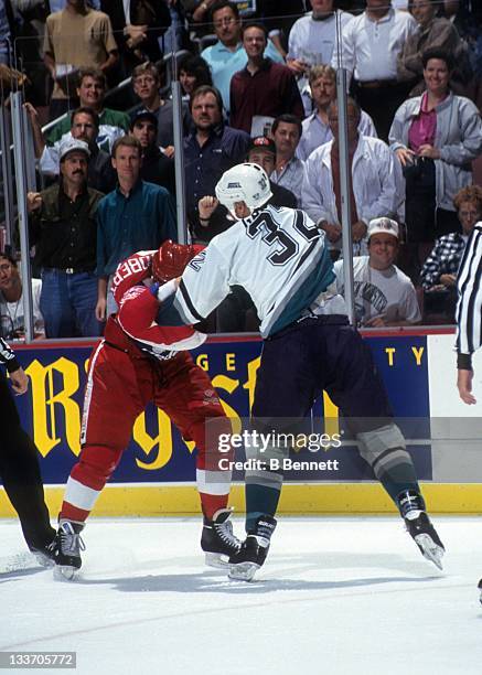 Bob Probert of the Detroit Red Wings fights with Stu Grimson of the Mighty Ducks of Anaheim on October 8, 1993 at the Arrowhead Pond of Anaheim in...