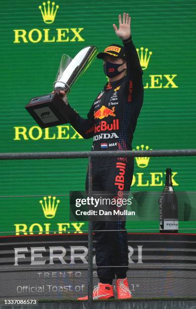 Race winner Max Verstappen of Netherlands and Red Bull Racing celebrates on the podium during the F1 Grand Prix of Belgium at Circuit de...
