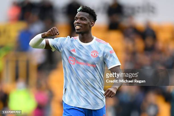Paul Pogba of Manchester United celebrates following the Premier League match between Wolverhampton Wanderers and Manchester United at Molineux on...