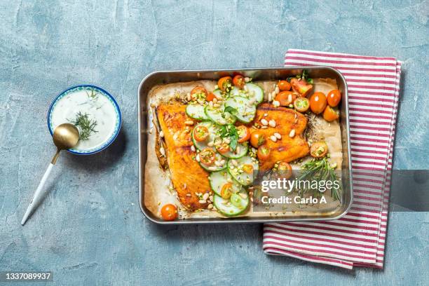 baked salmon fillet - baked salmon stock pictures, royalty-free photos & images