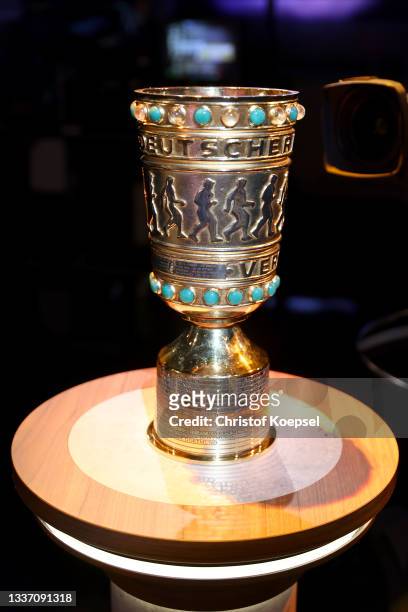 The DFB Cup trophy is seen during the DFB Cup 2021/22 Second Round Draw at WDR Studio on August 29, 2021 in Cologne, Germany.