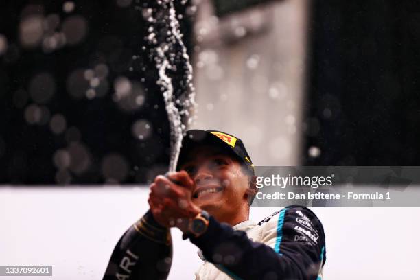 Second placed George Russell of Great Britain and Williams celebrates on the podium during the F1 Grand Prix of Belgium at Circuit de...