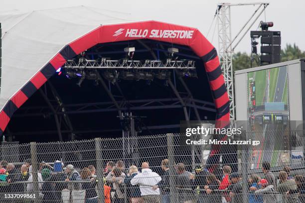 Fans look on on the grandstand during the MotoGP race during the MotoGP of Great Britain - Race at Silverstone Circuit on August 29, 2021 in...