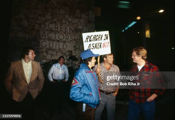 Circa 1984, Protesters demonstrate against Ed Asner, the 21st President of the Screen Actors Guild from November 3, 1981 to June 20 outside SAG...