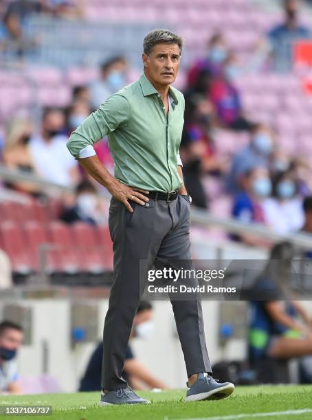 Head coach Michel of Getafe CF during the La Liga Santader match between FC Barcelona and Getafe CF at Camp Nou on August 29, 2021 in Barcelona,...