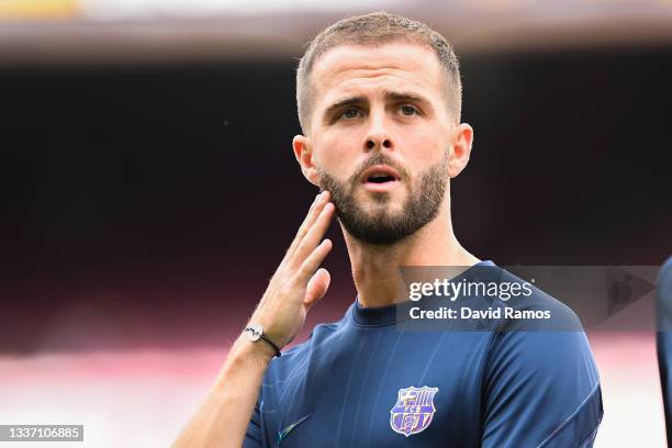 Miralem Pjanic of FC Barcelona looks on during the La Liga Santader match between FC Barcelona and Getafe CF at Camp Nou on August 29, 2021 in...