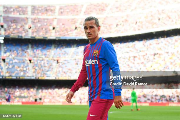 Antoine Griezmann of FC Barcelona looks on during the La Liga Santader match between FC Barcelona and Getafe CF at Camp Nou on August 29, 2021 in...