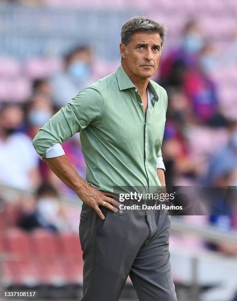 Head coach Michel of Getafe CF during the La Liga Santader match between FC Barcelona and Getafe CF at Camp Nou on August 29, 2021 in Barcelona,...