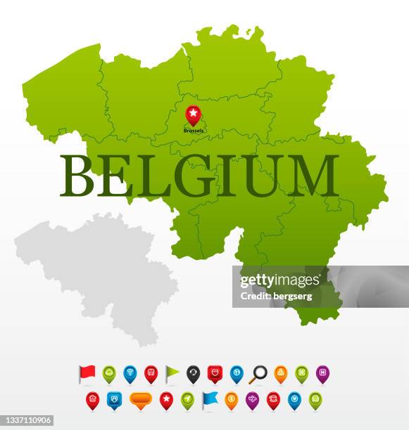 belgium green map with regions and navigation icons - belgium map stock illustrations