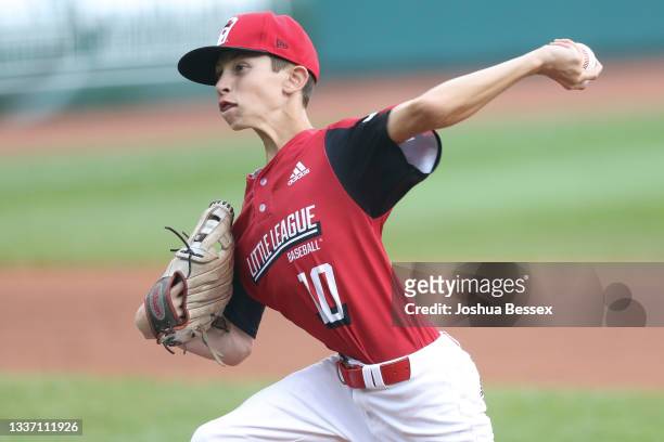 Kaleb Harden of Team Ohio throws a pitch during the fourth inning of the 2021 Little League World Series game against Team Michigan at Howard J....