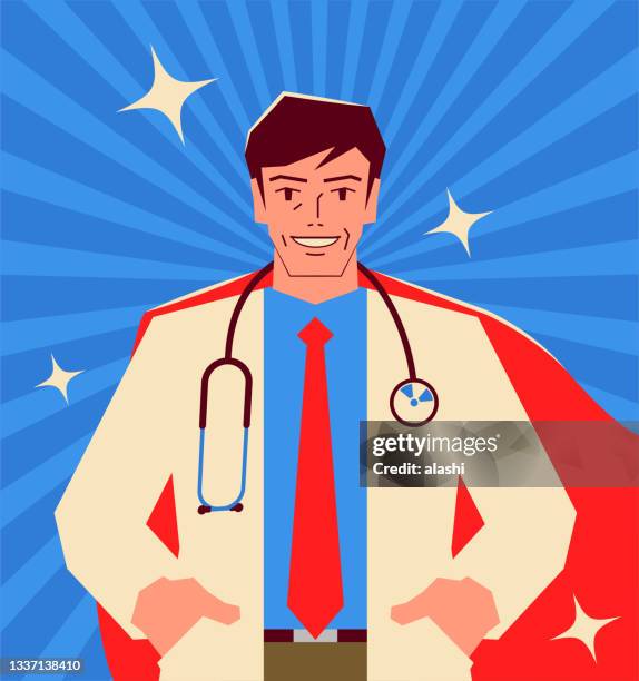 one passionate mature doctor standing confidently with a stethoscope and cape (health care hero) - hands in pockets vector stock illustrations