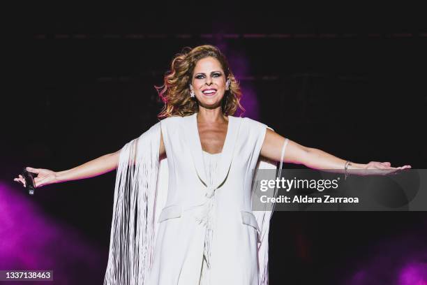 Spanish singer Pastora Soler performs on stage at Veranos de la Villa Festival at Conde Duque Cultural Center on August 29, 2021 in Madrid, Spain.