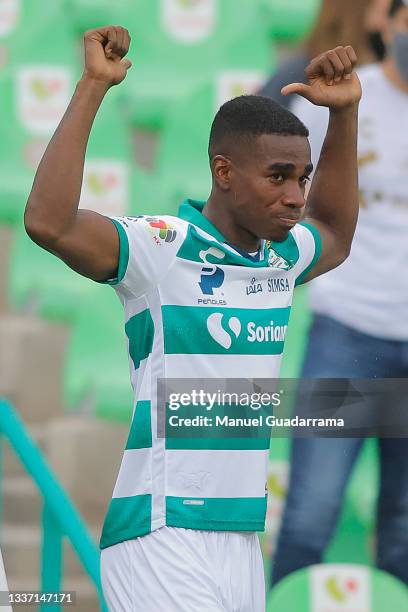Felix Torres of Santos celebrates after scoring the first goal of his team during the 7th round match between Santos Laguna v FC Juarez as part of...