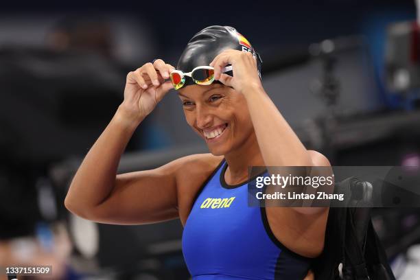 Teresa Perales of Team Spain gets ready to compete in Women's 50m Backstroke - S5 heat on day 6 of the Tokyo 2020 Paralympic Games at Tokyo Aquatics...