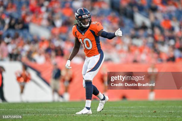 Jerry Jeudy of the Denver Broncos lines up against the Los Angeles Rams during an NFL preseason game at Empower Field at Mile High on August 28, 2021...