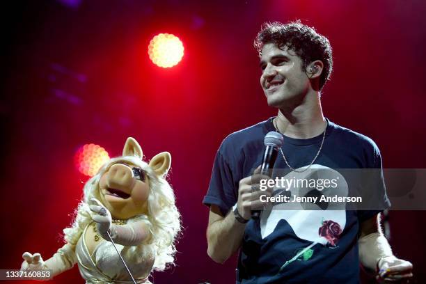 Miss Piggy and Darren Criss perform onstage during Elsie Fest 2021: Broadway's Outdoor Music Festival at Prospect Park Bandshell on August 29, 2021...