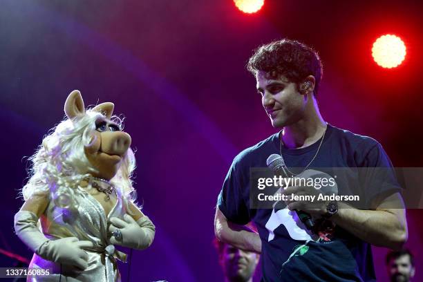 Miss Piggy and Darren Criss perform onstage during Elsie Fest 2021: Broadway's Outdoor Music Festival at Prospect Park Bandshell on August 29, 2021...