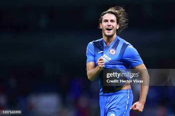 Santiago Gimenez of Cruz Azul celebrates after scoring the first goal of his team during the 7th round match between Cruz Azul and Pachuca as part of...