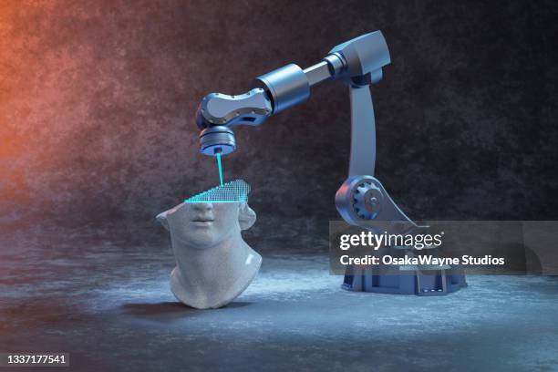 computer graphics of industrial robot 3d printing sculpture - technology trade war fotografías e imágenes de stock