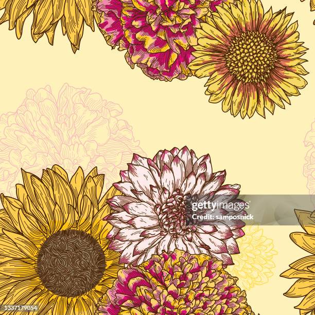 bildbanksillustrationer, clip art samt tecknat material och ikoner med 1970s inspired autumn floral seamless pattern - tagetes