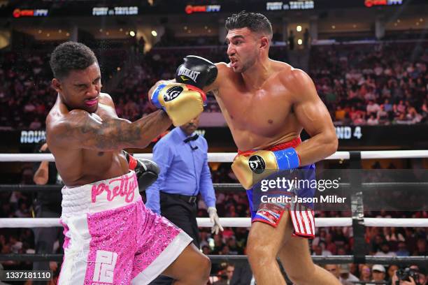 Tommy Fury fights Anthony Taylor in their Cruiserweight bout during a Showtime pay-per-view event at Rocket Morgage Fieldhouse on August 29, 2021 in...