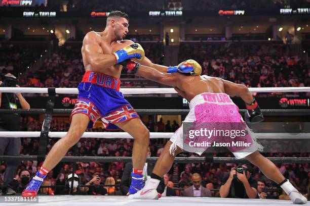 Tommy Fury fights Anthony Taylor in their Cruiserweight bout during a Showtime pay-per-view event at Rocket Morgage Fieldhouse on August 29, 2021 in...