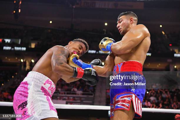 Tommy Fury fights Anthony Taylor in their Cruiserweight bout during a Showtime pay-per-view event at Rocket Morgage Fieldhouse on August 29, 2021 in...