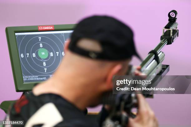 Michael Johnson of Team New Zealand competes in the R4 - Mixed 10m AR Standing SH2 Qualification on day 6 of the Tokyo 2020 Paralympic Games at Asaka...