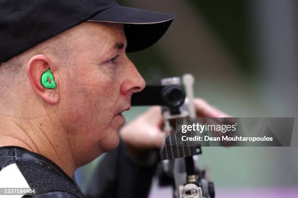 Michael Johnson of Team New Zealand competes in the R4 - Mixed 10m AR Standing SH2 Qualification on day 6 of the Tokyo 2020 Paralympic Games at Asaka...