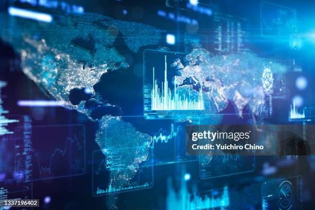 futuristic data screen and hologram world map - global communications stock pictures, royalty-free photos & images