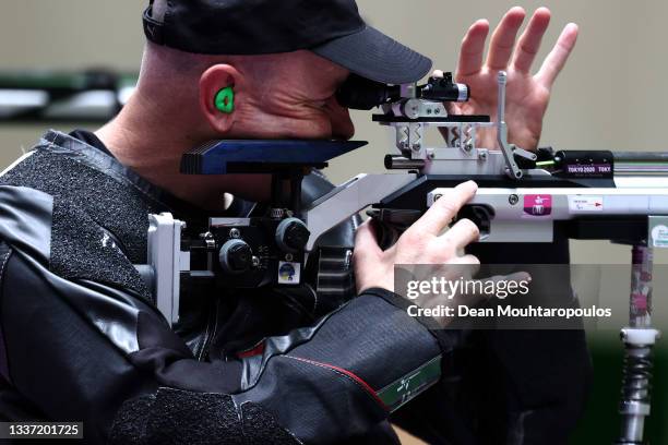 Michael Johnson of Team New Zealand gets ready to compete in the R4 - Mixed 10m AR or Air Rifle Standing SH2 Final on day 6 of the Tokyo 2020...