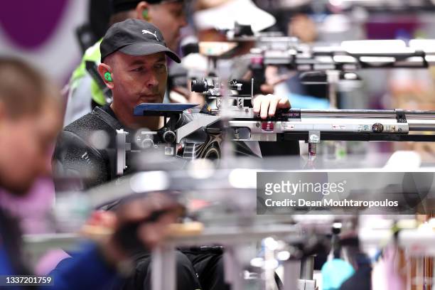 Michael Johnson of Team New Zealand competes in the R4 - Mixed 10m AR or Air Rifle Standing SH2 Final on day 6 of the Tokyo 2020 Paralympic Games at...