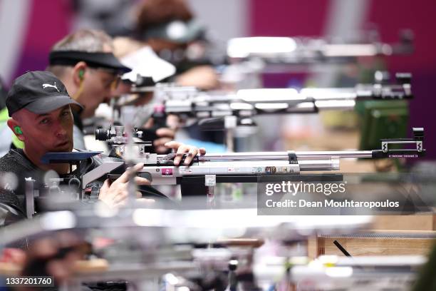 Michael Johnson of Team New Zealand competes in the R4 - Mixed 10m AR or Air Rifle Standing SH2 Final on day 6 of the Tokyo 2020 Paralympic Games at...